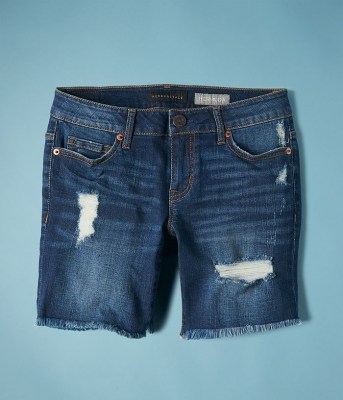 Dark Wash Destroyed Denim Bermuda Shorts
